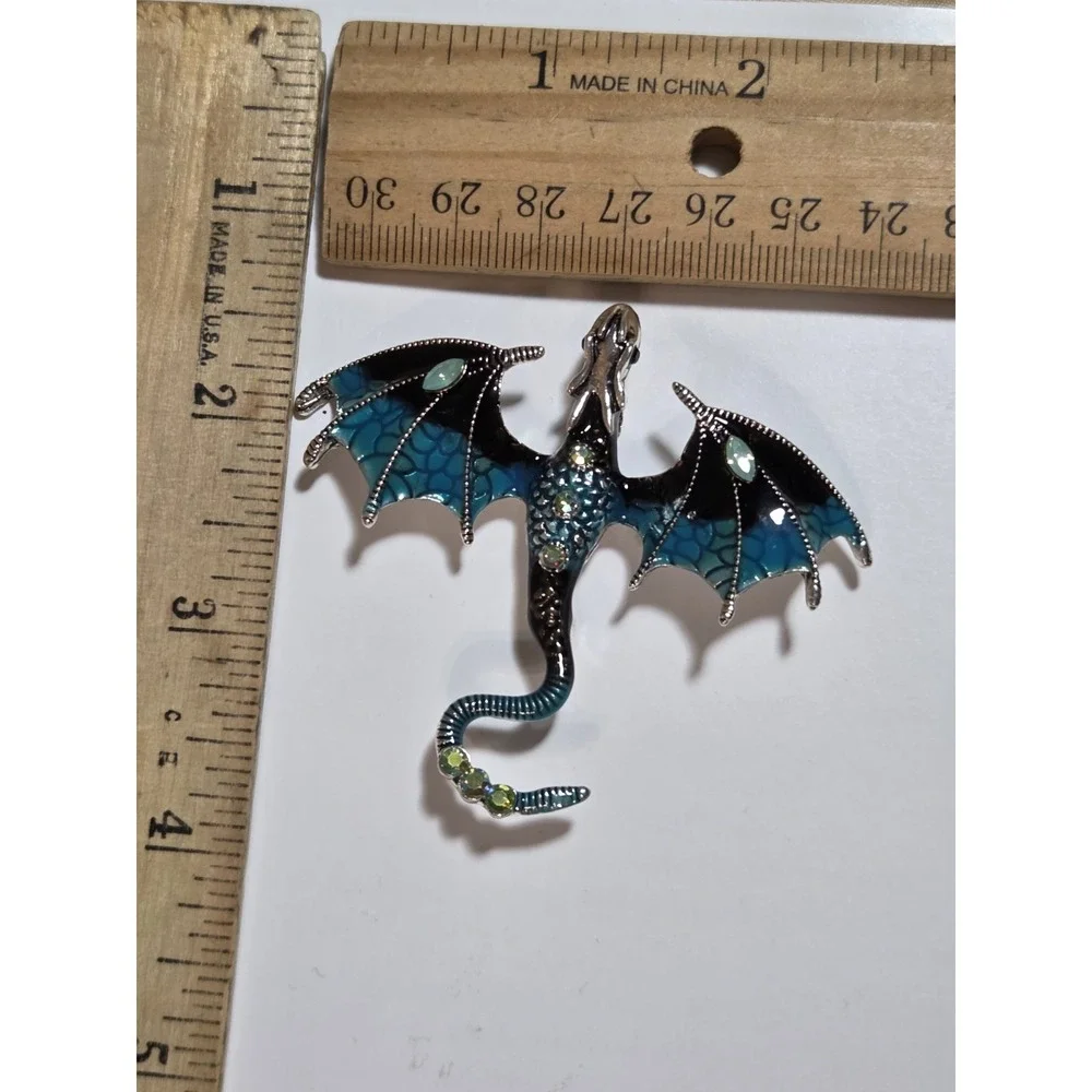 Teal Dragon Brooch Pendant W Gemstones Silver Tone
